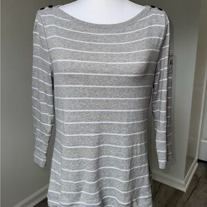 Lauren Ralph Lauren Gray White Stripe‎ Boatneck Top XL Buttons 3/4 Sleeve Tee